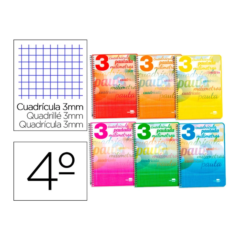 Cuaderno Espiral Liderpapel A5, 40 hojas pautaguía. Cuadro pautado 3mm con margen. Colores surtidos
