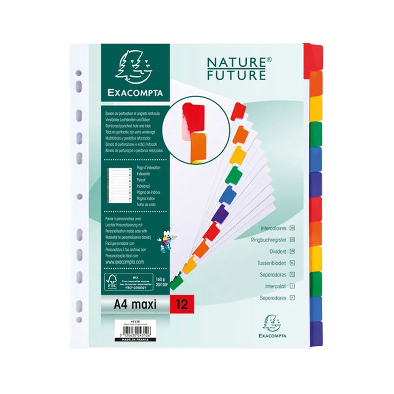 Separadores de cartulina A4 Maxi con pestañas de colores Exacompta 12 pestañas