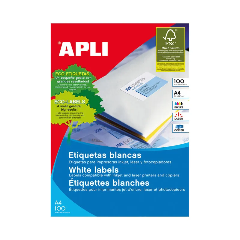 Etiquetas para láser-inkjet Apli A4 105  x 37 mm (Pack de 100 hojas)