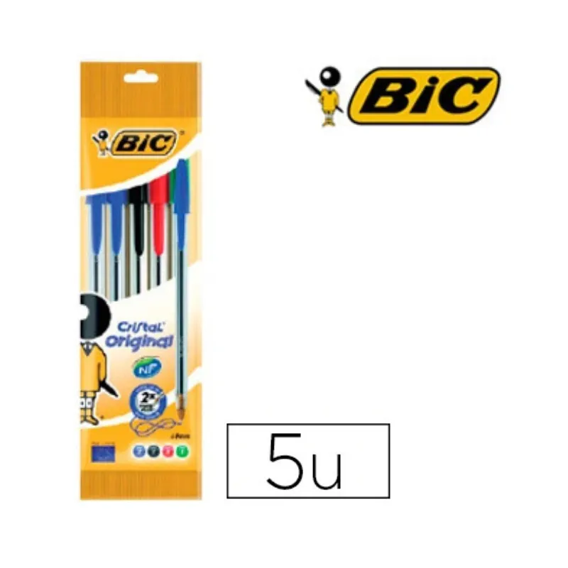 Bolígrafo Bic Cristal Original Bolsa de 5 unidades Colores Surtidos (2 azul, 1 negro, 1 rojo, 1 verde)