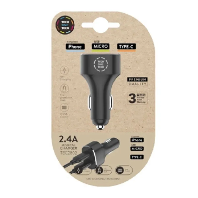 Cargador Tech One Tech 2.4 para Coche. Mechero Doble para iPhone, USB micro y type-c en Color Negro.