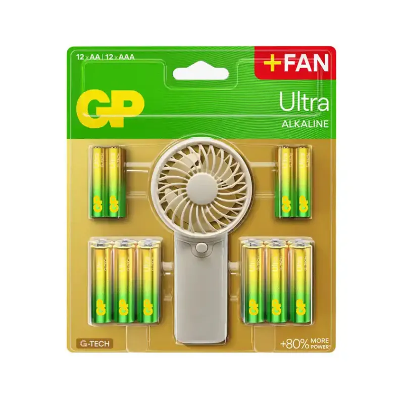 Pilas GP Ultra Alcalina (Blister de 12 uds AA + 12 uds AAA) + Ventilador de mano.