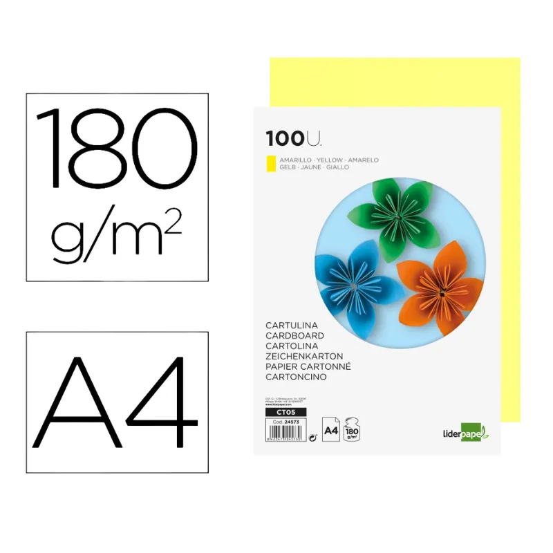 Cartulina liderpapel a4 180g/m2 amarillo paquete de 100 hojas