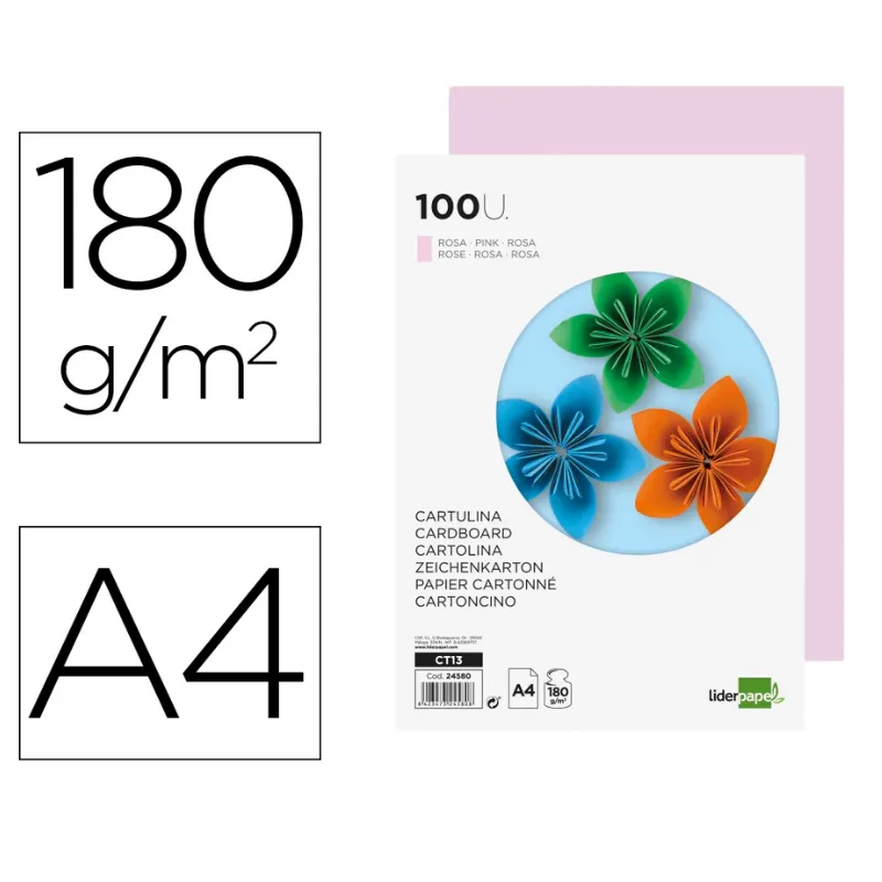 Cartulina liderpapel a4 180g/m2 rosa paquete de 100 hojas